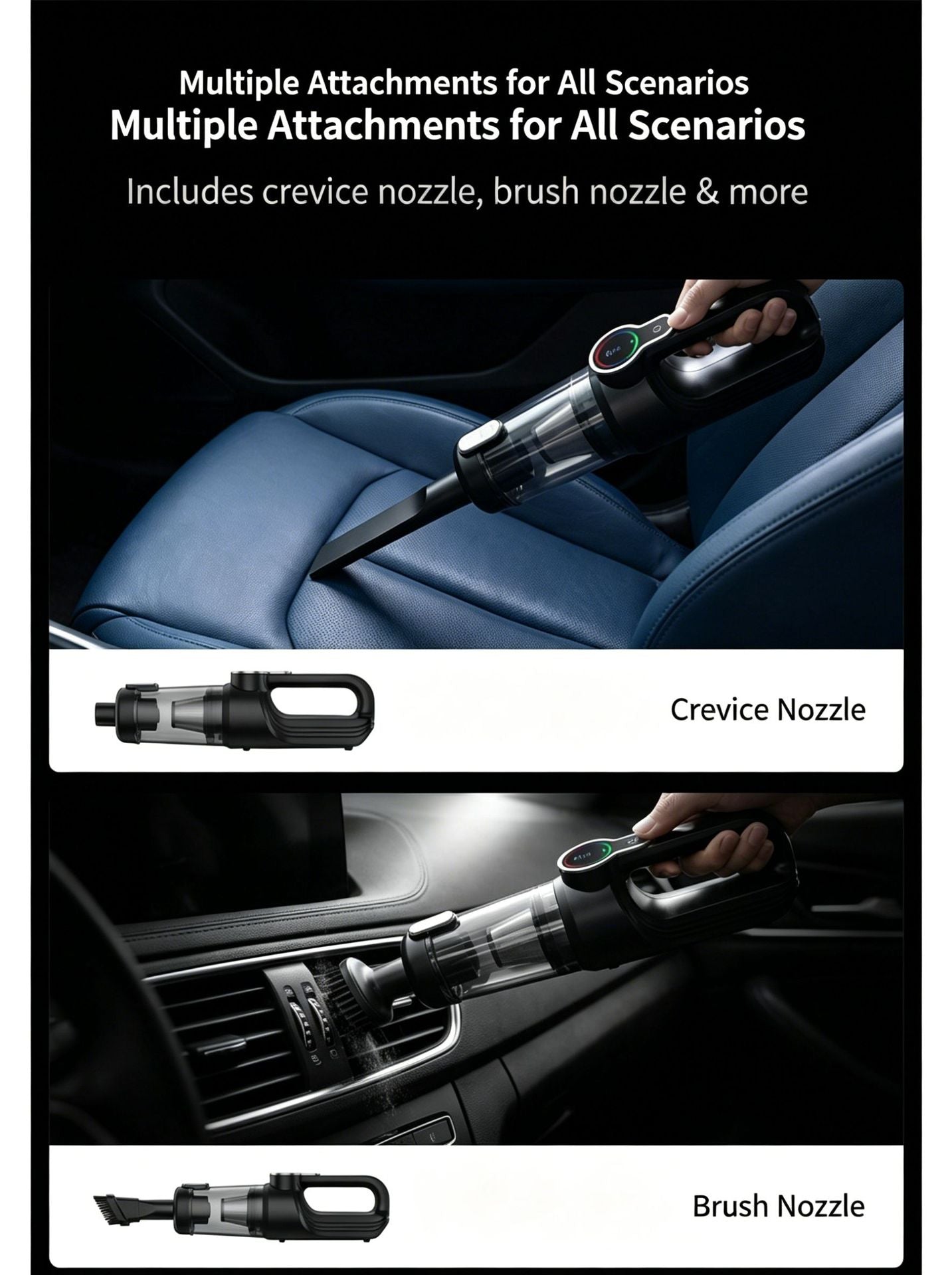 Crevice and brush attachments for car cleaning